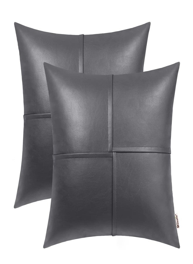 BRAWARM Faux Leather Throw Pillow Covers 22 X 22 Inches, Gray Leather Pillow Covers Pack of 2, Hand Stitched Leather Decorative Throw Pillows for Couch Sofa Bed Living Room Home Garden - Image 1